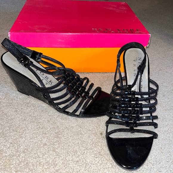 Strappy Black Wedges- New York Transit, size 8.5 - Picture 1 of 3